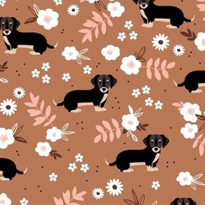 Adorable dachshund puppies with flowers and leaves boho garden style dog design for kids blush white on caramel vintage seventies girls