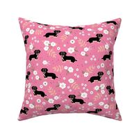 Adorable dachshund puppies with flowers and leaves boho garden style dog design for kids blush white on pink 