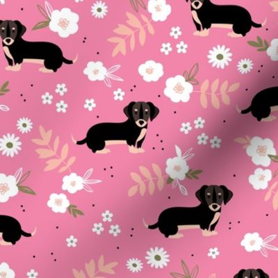 Adorable dachshund puppies with flowers and leaves boho garden style dog design for kids blush white on pink 