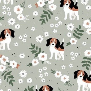Kawaii beagle puppies sweet dog garden summer blossom boho leaves white mint green olive 