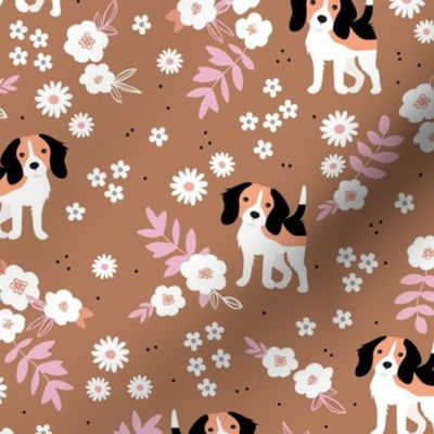 Kawaii beagle puppies sweet dog garden summer blossom boho leaves white pink on caramel cinnamon