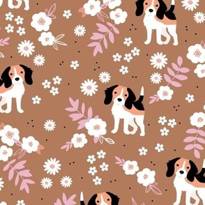 Kawaii beagle puppies sweet dog garden summer blossom boho leaves white pink on caramel cinnamon