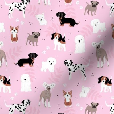 All the dogs in the world adorable kawaii dog breed illustrations pets design for kids with leaves and paws on pink