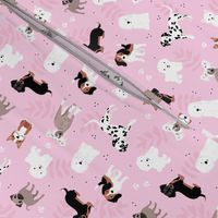 All the dogs in the world adorable kawaii dog breed illustrations pets design for kids with leaves and paws on pink