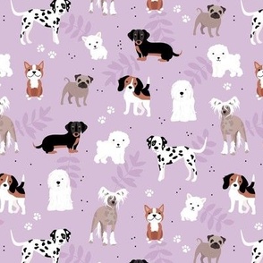 All the dogs in the world adorable kawaii dog breed illustrations pets design for kids with leaves and paws on lilac