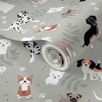 All the dogs in the world adorable kawaii dog breed illustrations pets design for kids with leaves and paws on mist green moody gray 