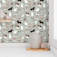 All the dogs in the world adorable kawaii dog breed illustrations pets design for kids with leaves and paws on mist green moody gray 