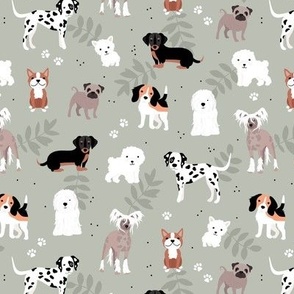 All the dogs in the world adorable kawaii dog breed illustrations pets design for kids with leaves and paws on mist green moody gray 
