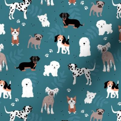 All the dogs in the world adorable kawaii dog breed illustrations pets design for kids with leaves and paws on petrol blue