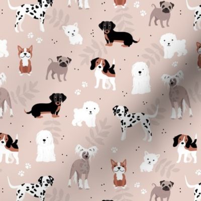 All the dogs in the world adorable kawaii dog breed illustrations pets design for kids with leaves and paws on beige sand 