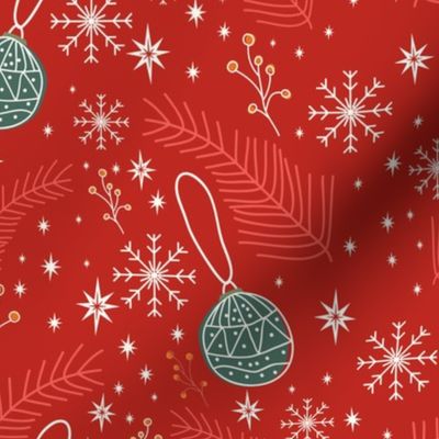 Red Christmas Pattern with Fir Branches Baubles Snowflakes
