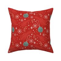 Red Christmas Pattern with Fir Branches Baubles Snowflakes