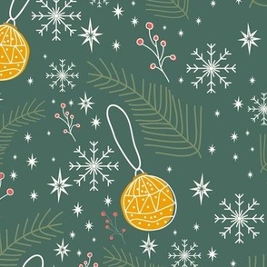 Green Christmas Pattern with Fir Branches Baubles Snowflakes