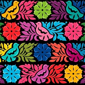 Colorful Birds and Flowers Pattern in Black Background