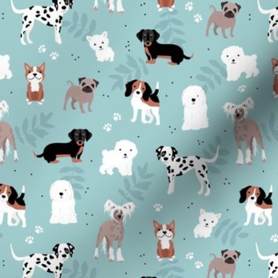 All the dogs in the world adorable kawaii dog breed illustrations pets design for kids with leaves and paws on soft blue aqua 