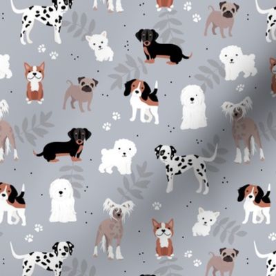 All the dogs in the world adorable kawaii dog breed illustrations pets design for kids with leaves and paws on cool gray