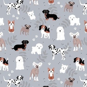 All the dogs in the world adorable kawaii dog breed illustrations pets design for kids with leaves and paws on cool gray