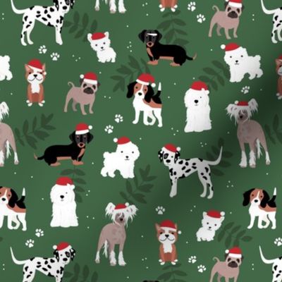 Happy Holidays Christmas dogs with santa hats dog breeds pugs dachshund corgi and other on pine green 