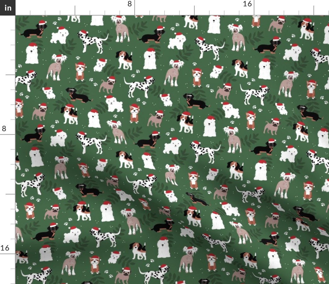 Happy Holidays Christmas dogs with santa hats dog breeds pugs dachshund corgi and other on pine green 