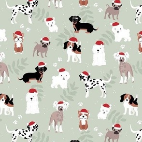 Happy Holidays Christmas dogs with santa hats dog breeds pugs dachshund corgi and other on soft mint green 
