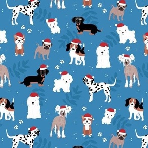 Happy Holidays Christmas dogs with santa hats dog breeds pugs dachshund corgi and other on classic blue night 