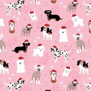 Happy Holidays Christmas dogs with santa hats dog breeds pugs dachshund corgi and other on soft pink