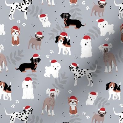 Happy Holidays Christmas dogs with santa hats dog breeds pugs dachshund corgi and other on cool gray