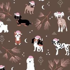 Santa puppies christmas dogs beagles dalmatian puppies pug corgi and more breeds winter night vintage seventies pink brown
