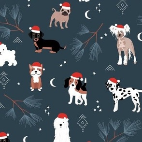 Santa puppies christmas dogs beagles dalmatian puppies pug corgi and more breeds winter night deep blue neutral