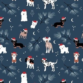 Happy Holidays Christmas dogs with santa hats dog breeds pugs dachshund corgi and other on midnight blue