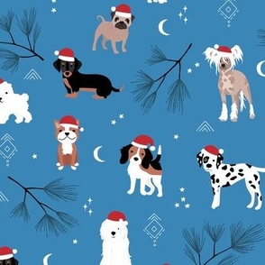 Santa puppies christmas dogs beagles dalmatian puppies pug corgi and more breeds winter classic blue