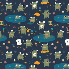 Froggy Fun - Sage,  Teal and peach on Navy - Petal Solid Coordinate