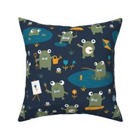 Froggy Fun - Sage and Teal on Navy - Medium Large scale - Navy Petal Solid Coordinate