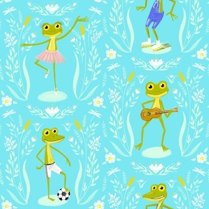 funny frogs playing foot or guitar,  skating, dancing ballett - for kids - light blue