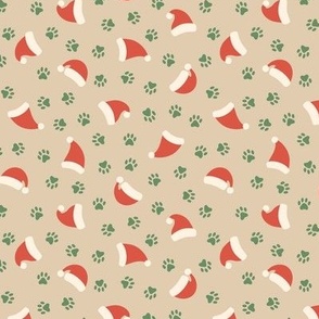 Green Paw Prints & Santa Hats on Beige