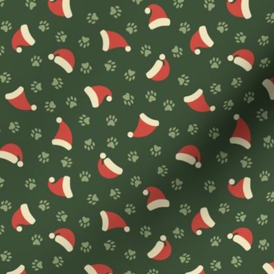 Green Paw Prints & Santa Hats on Dark Green