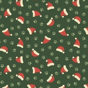 Green Paw Prints & Santa Hats on Dark Green