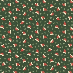 Green Paw Prints & Santa Hats on Dark Green (Small Scale)