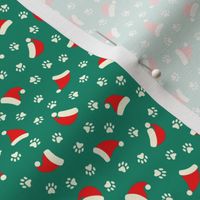 Paw Prints & Santa Hats on Green (Small Scale)