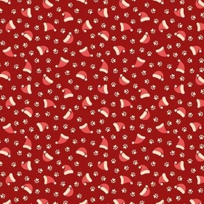 Paw Prints & Santa Hats on Dark Red (Small Scale)