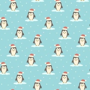 Christmas Penguins in the Snow on Aqua (Small Scale)