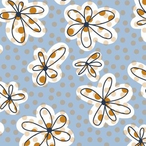 Tossed Tiger Lily Irregular Shape Flowers with Gold Polka Dots and Polka Dot Blue Background Non Directional