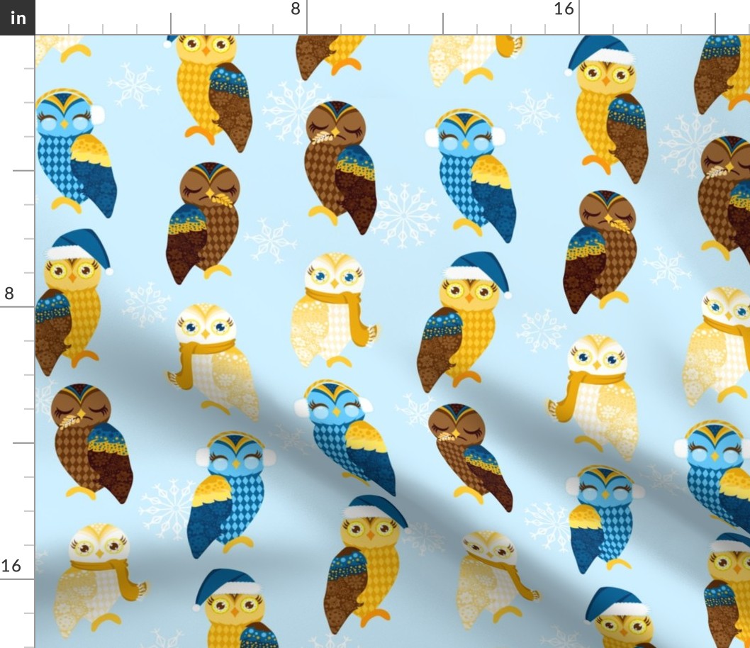 Holiday Owls in Blue and Gold