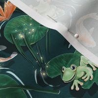 Frogs party & Lily Ponds _ evergreen ponds and peach lotus _sacred woodland shadows_small scale 