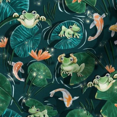 Frogs party & Lily Ponds _ evergreen ponds and peach lotus _sacred woodland shadows_small scale 