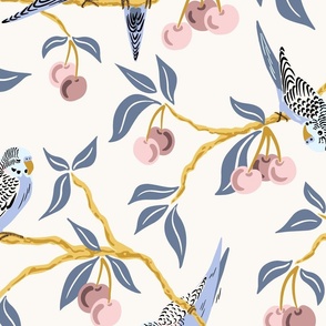 budgies in the cherry tree/mauve and mustard