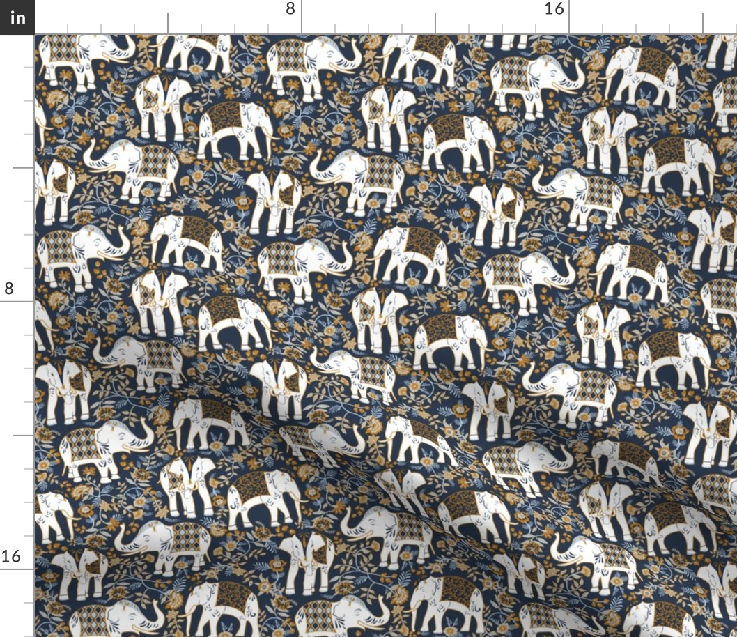 Festive Elephants- Navy- Small Scale