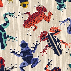 Large jumbo  scale // Quirky dart frogs dance // ivory textured background brightly multicoloured poison amphibians