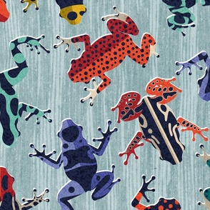 Large jumbo  scale // Quirky dart frogs dance // duck egg blue textured background brightly multicoloured poison amphibians