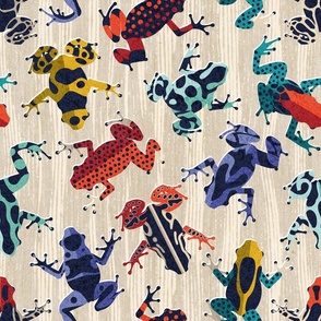 Normal scale // Quirky dart frogs dance // ivory textured background brightly multicoloured poison amphibians